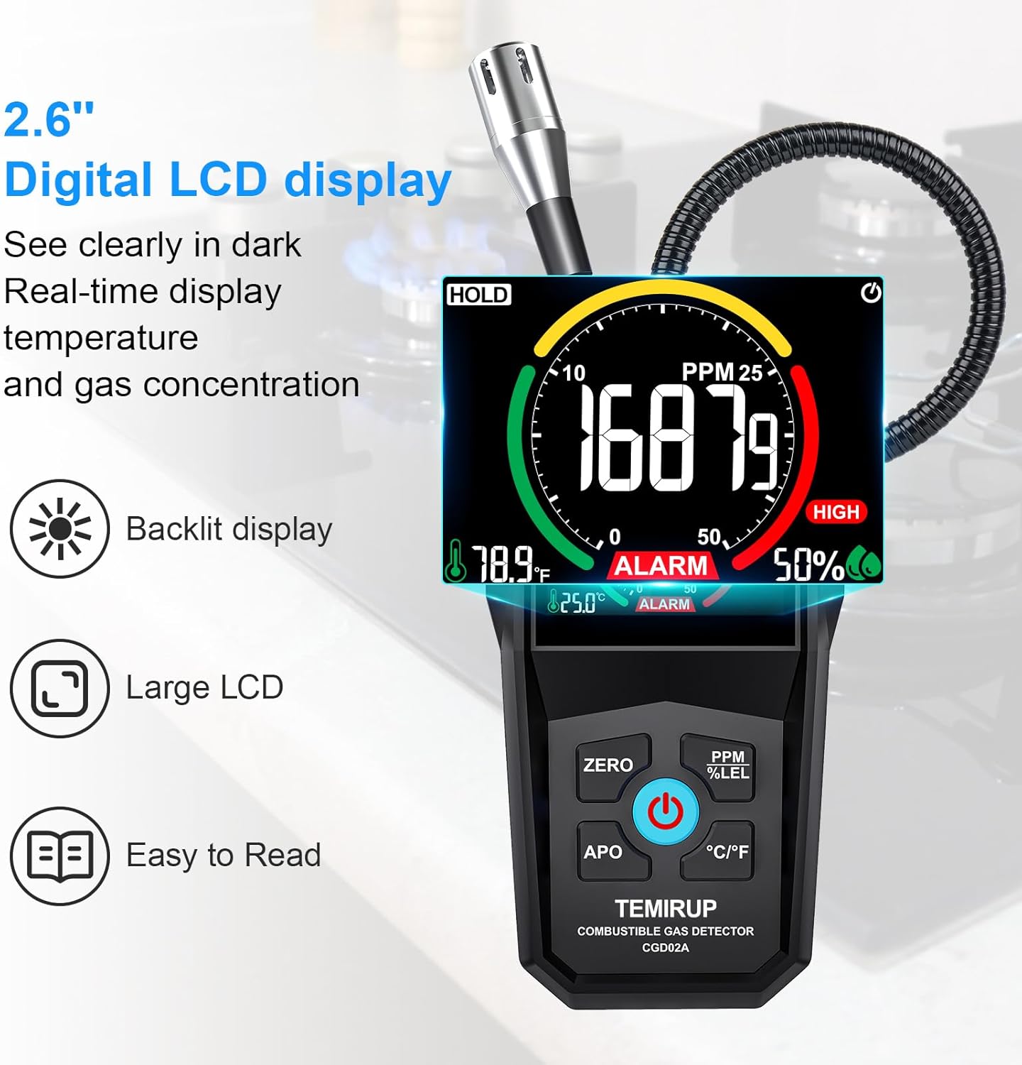 Gas Leak Detector, TEMIRUP Natural Propane Gas Sniffer Combustible Gas Leak Detector with 50-50000PPM 100% LEL, 2.6'' Color LCD Display,Temperature Measure, 12" Flexible Probe,High Sensitivity