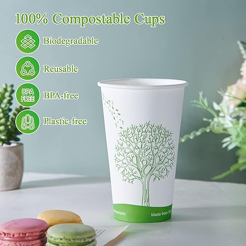 Miniatura 4 de ECOLipak 210 tazas compostables de 16 onzas, vasos de papel desechables biodegradables con forro de ácido poliláctico (PLA), tazas de café de papel
