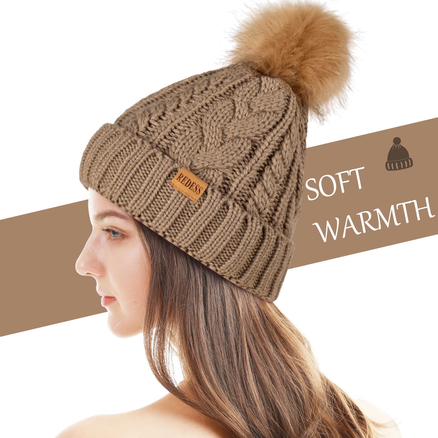 REDESS Cappello Invernale da Donna con Pom Pom Beanie Caldo Foderato in Pile Spesso Slouchy Snow Knit Chunky Baggy Skull Berretto da Sci