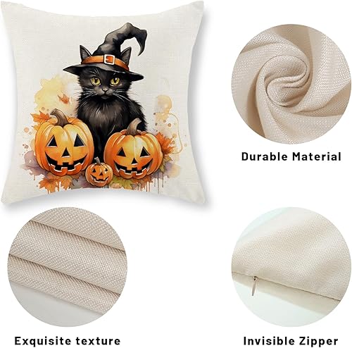 Miniatura 7 de Fundas de almohada de Halloween de 18 x 18 pulgadas, juego de 2 fundas de almohada de gato negro con calabaza, decoraciones de Halloween, fundas de