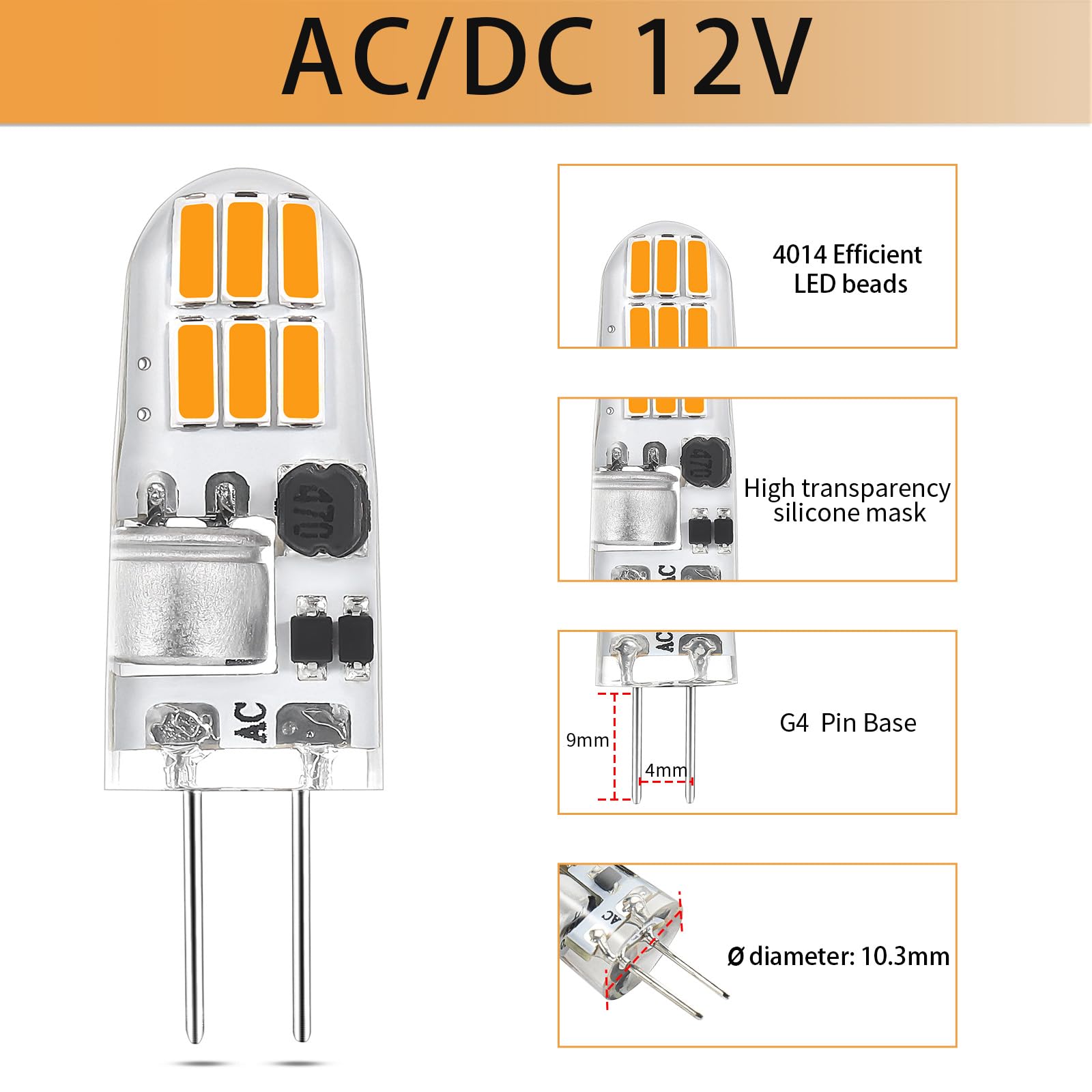 G4 LED Bulbs AC/DC 12V,Warm White 2700K,1.5W Equivalent to 15W Halogen Lamps,160LM Non-Dimmable,Bi-Pin Base Energy Saving Capsule Mini Bulbs,Highly Transparent Silicone G4 LED Light Bulbs,5 Pack - Image 3