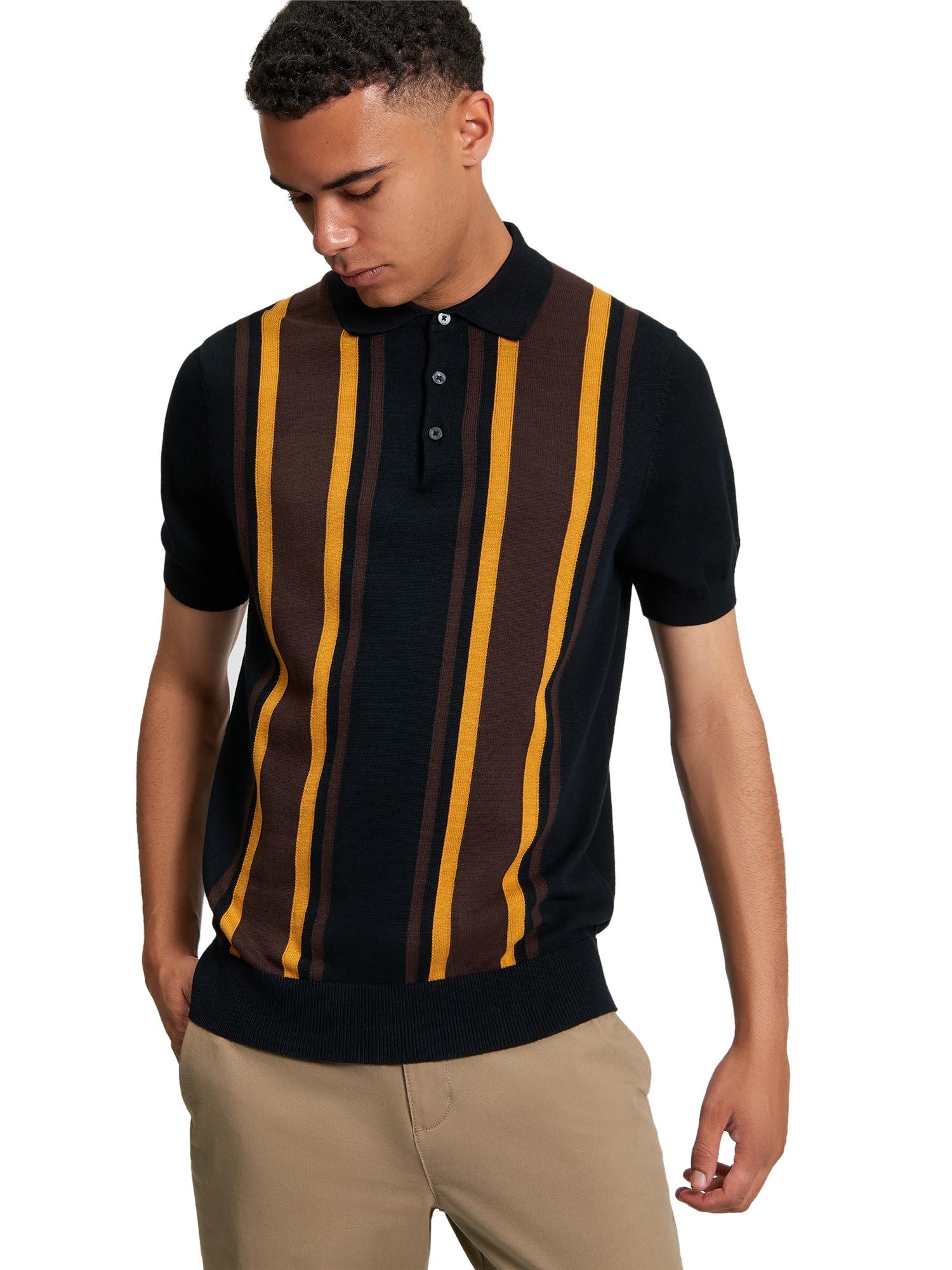 Ben Sherman Mens Knit Vertical Stripe Polo Shirt (Black/Mustard) L