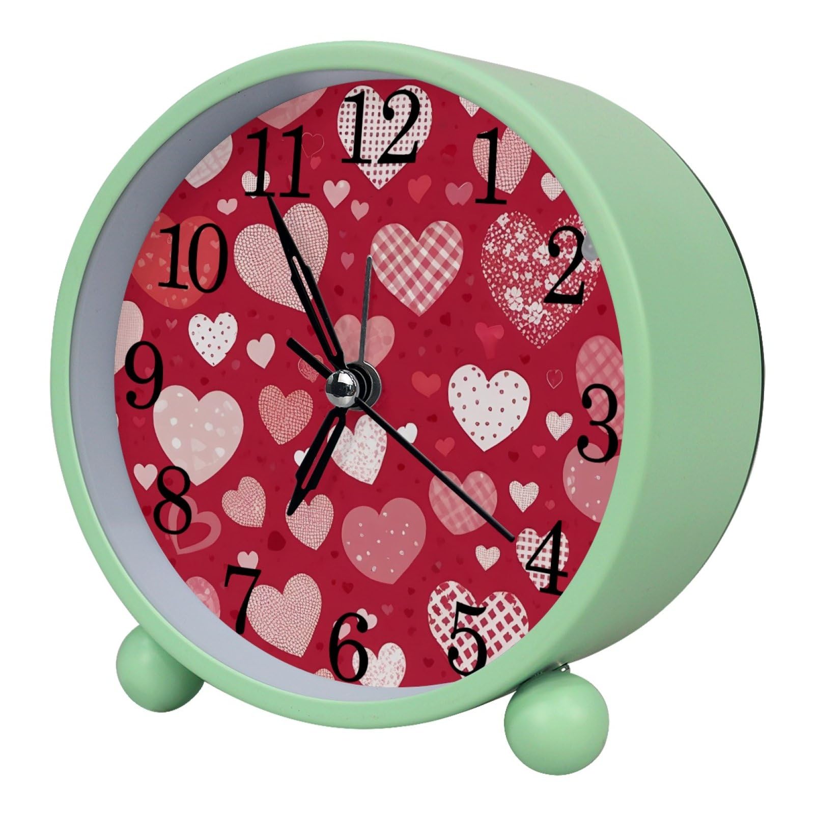 etoenbrc Love with Red Background Round Battery Operated Bedside Alarm Clock Non-Ticking Desktop Silent Analog Alarm Clock with Light