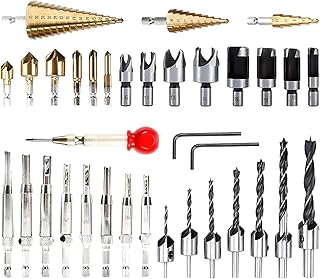 Tysun 34 Pcs Woodworking Drills Chamfer Tool, 6 Pcs Countersink Drill Bits, 7 Pcs Countersink Drill Bit, 8 Pcs Wood Plug Cutter, 1 Pc Center Punch, 8 Pcs Core Drill Bit Set and 3 Pcs Step Drill Bit