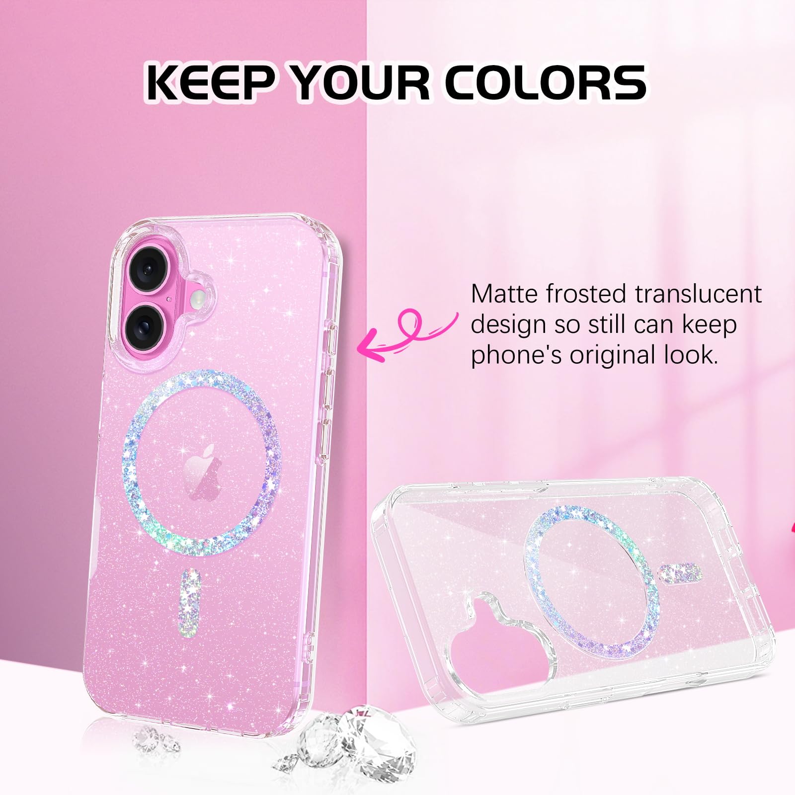 Cover Magnetica DOMAVER Per IPhone 16e/iPhone SE 4 Con Glitter Trasparente - Compatibile MagSafe, Anti-ingiallimento, 38 Magneti N52