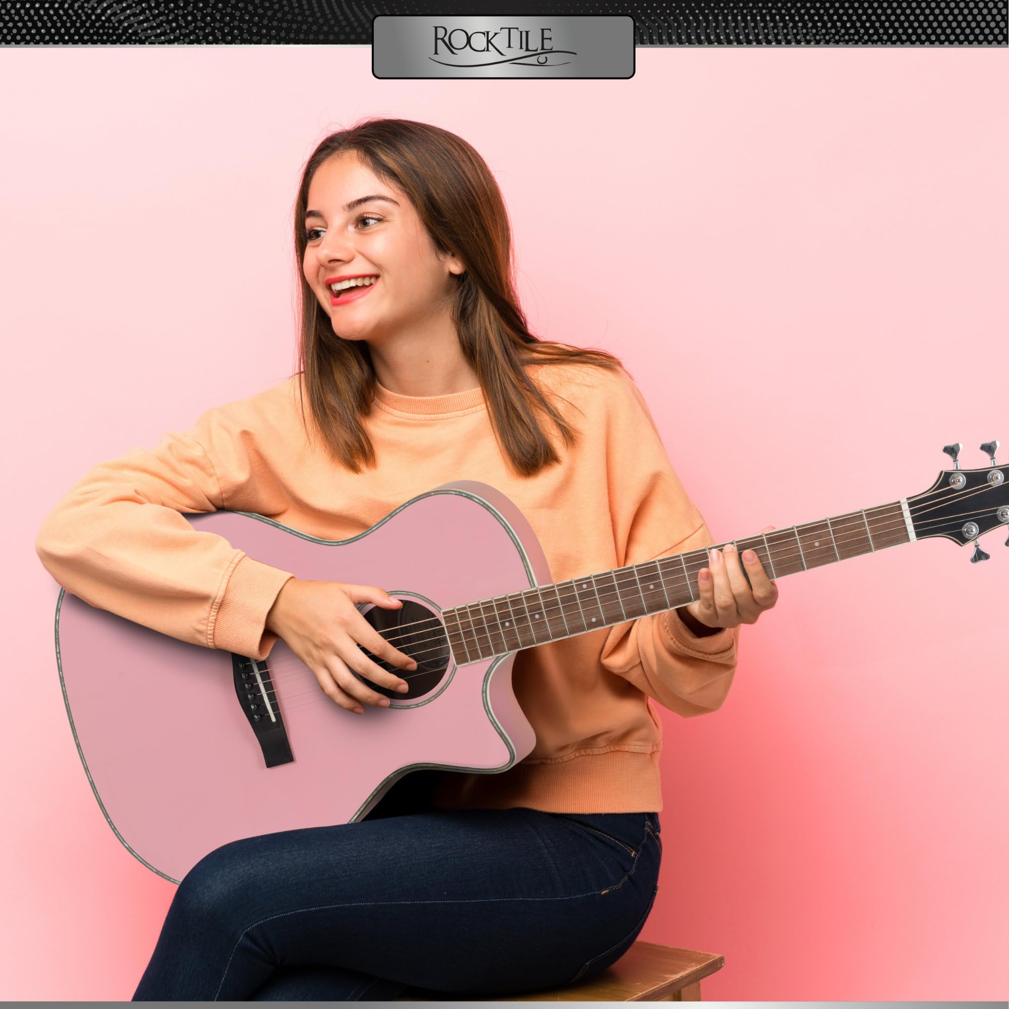 Rocktile WSC-150C-PK Westerngitarre - 6-saitige Grand Auditorium Akustikgitarre mit Cutaway - massive Fichtendecke & Mahagoni-Korpus - Palisandergriffbrett - Gloss Finish - Pink