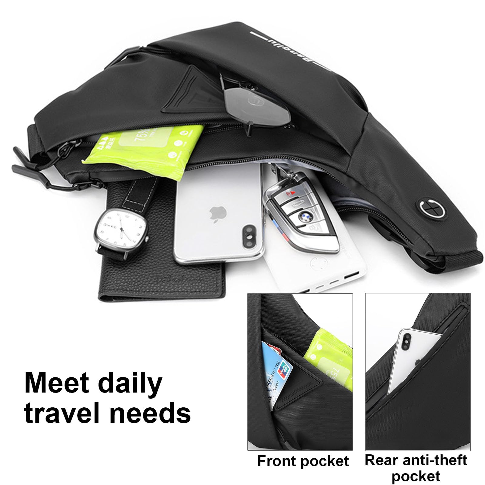 Sling Crossbody Bag, Umhängetasche Unisex, Lässige Brusttasche Wasserdicht Leicht Gym Backpack, Diebstahlsicher Sling Rucksack, mit Verstellbarem Schultergurt, für Outdoorsport, Reisen (Schwarz)