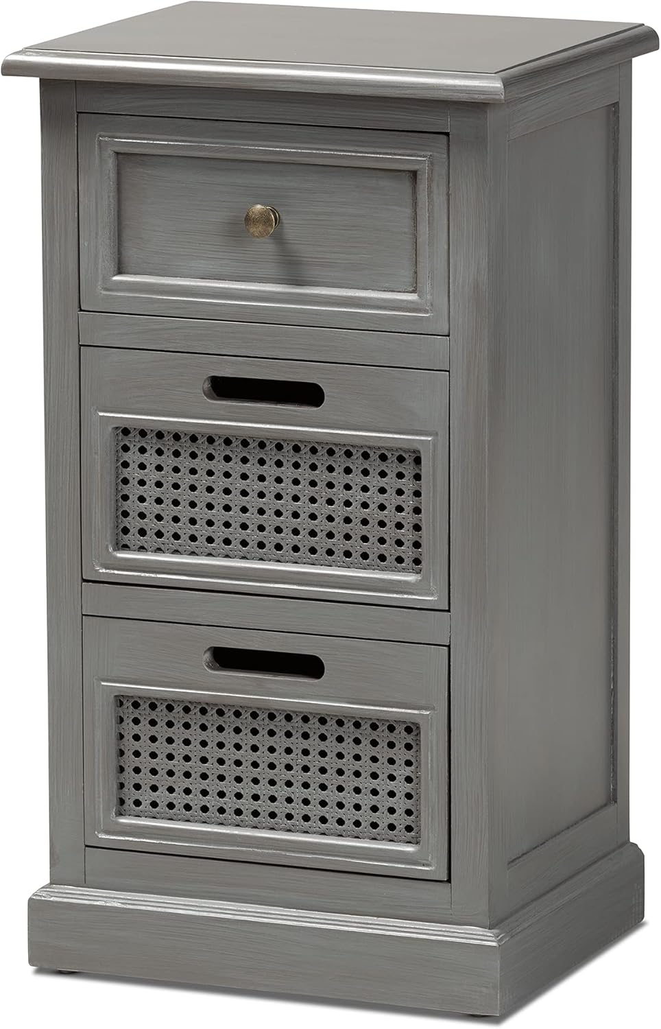 Baxton Studio Sheldon Modern and Contemporary Vintage Grey Finished Wood and Synthetic Rattan 3-Drawer End Table