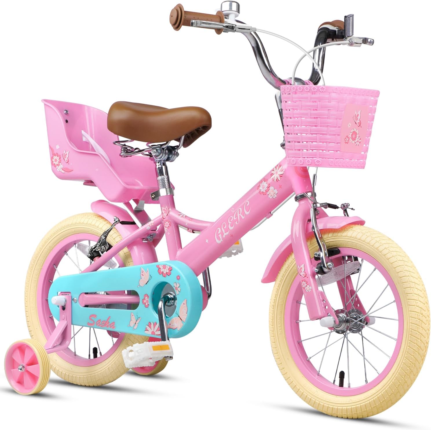 Glerc Girls' Bike, 12-20 Inch Children's Bicycle for Children Aged 2 3 4 5 6 7 8 9 10 11 12 13 Years Children's Bicycle with Doll Seat, Basket, Stabilisers and Bicycle Stand