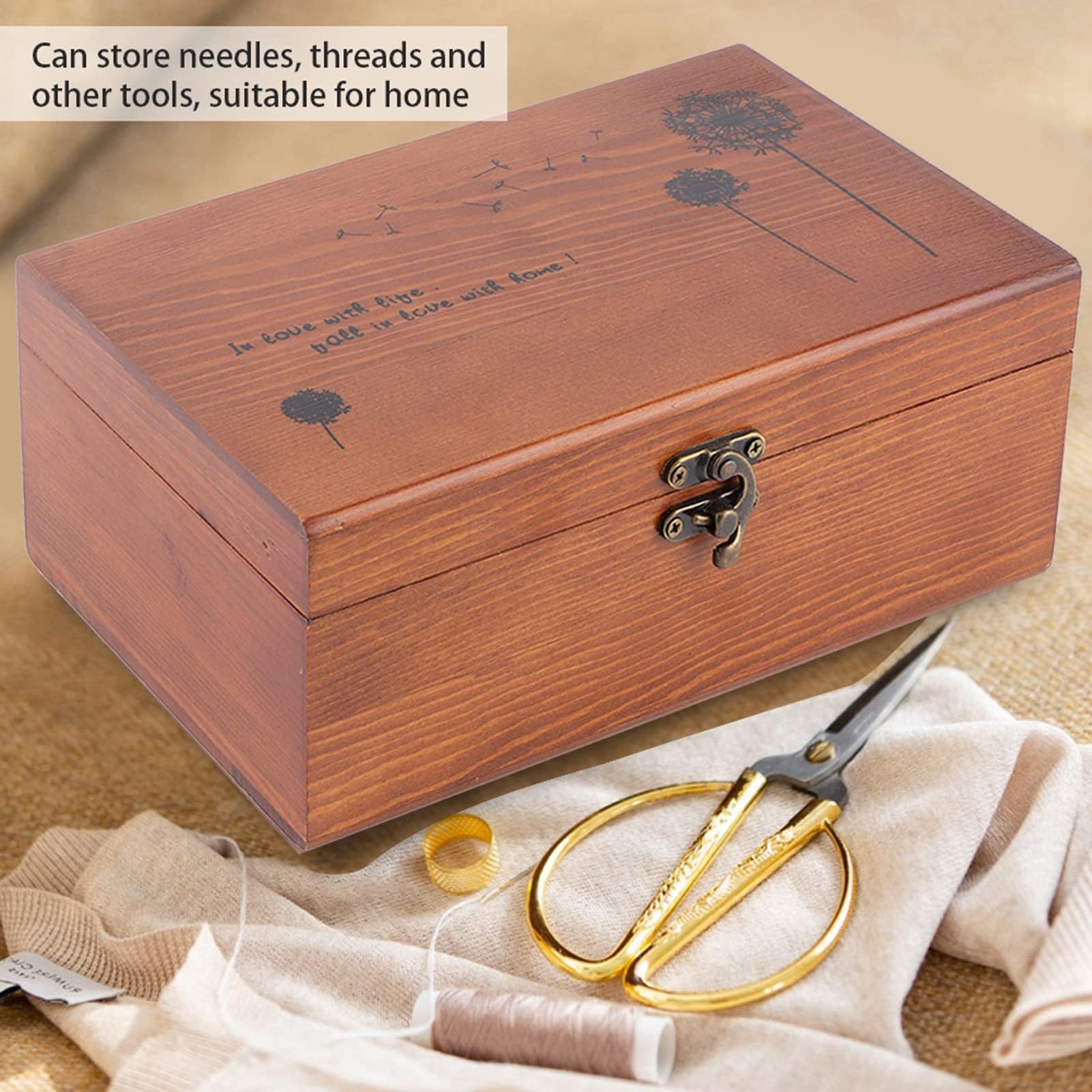 Cesta de Costura de Madera, Caja de Costura Duradera y Resistente Al Desgaste de Madera de Pino, Cesta de Costura Práctica Exquisita con Patrón de Taraxacum Vintage(Colocar)