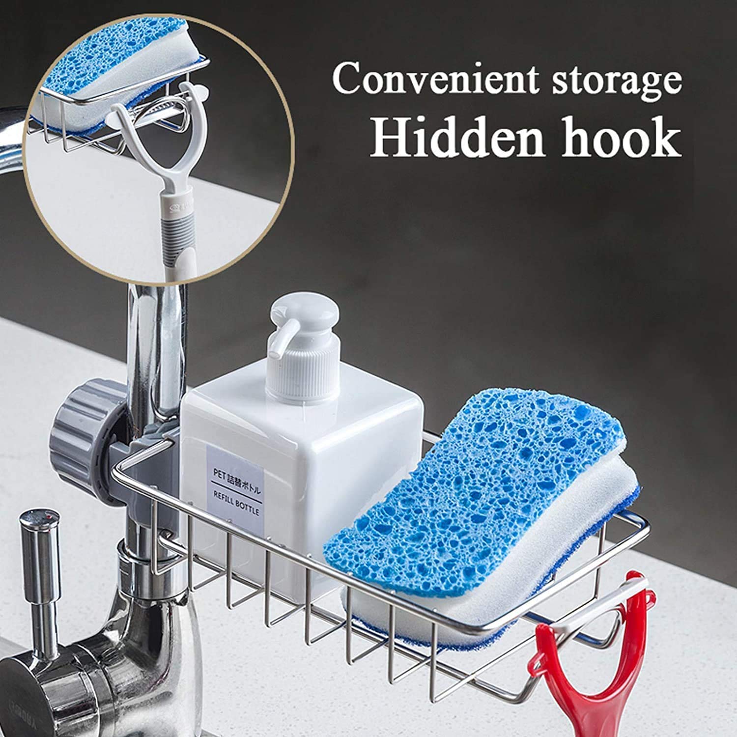Swadhin Stainless Steel Hanging Sink Organizer Stand for Kitchen and Bathroom Faucet, Sponge, Soap, Towel, Scrubbers Holder Rack 2