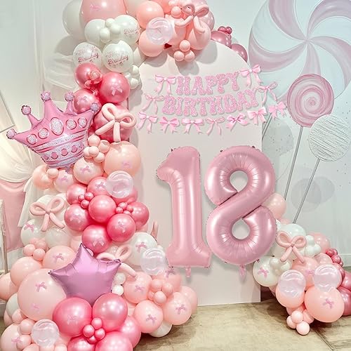 Miniatura 8 de Decoraciones de cumpleaños con lazo rosa número 18 para niñas, decoración de fiesta coquette que incluye globo de papel de aluminio número 18 de 40
