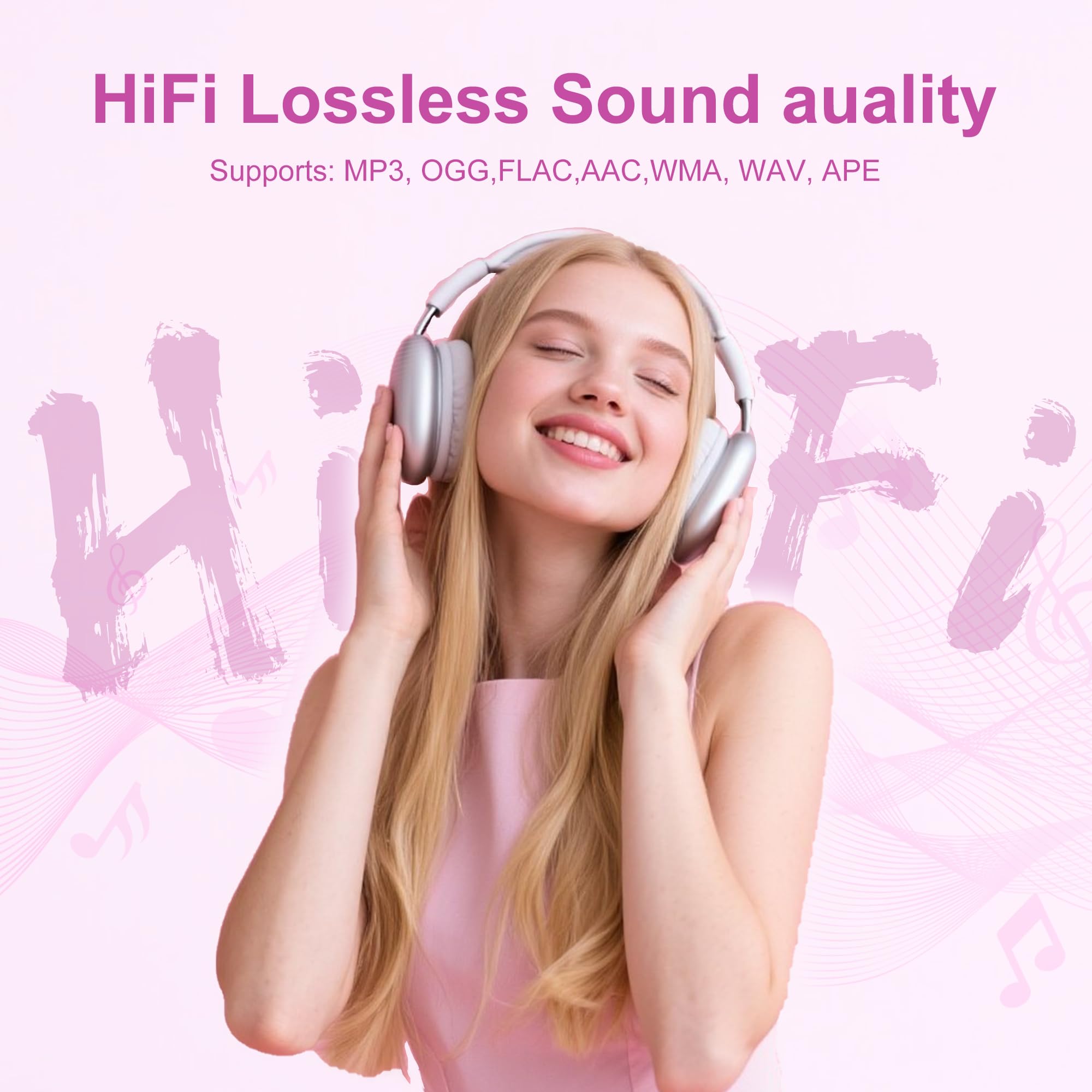 SWOFY Lettore MP3 da 128 GB con Bluetooth da 5,3-2,4 pollici, touch screen, suono Hi-Fi, altoparlante integrato, funzione di registrazione, radio FM, può essere esteso a 512 GB (rosa)