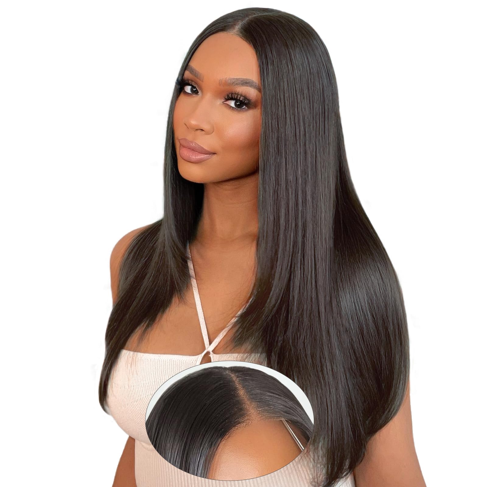 20 Pulgadas Pelucas Mujer Pelo Natural 5x5 Lace Front Wigs Human Hair Peluca Negra Larga Con 180% Densidad Rayita Pre Arrancada Con Cabello Natural De Bebé (50cm)
