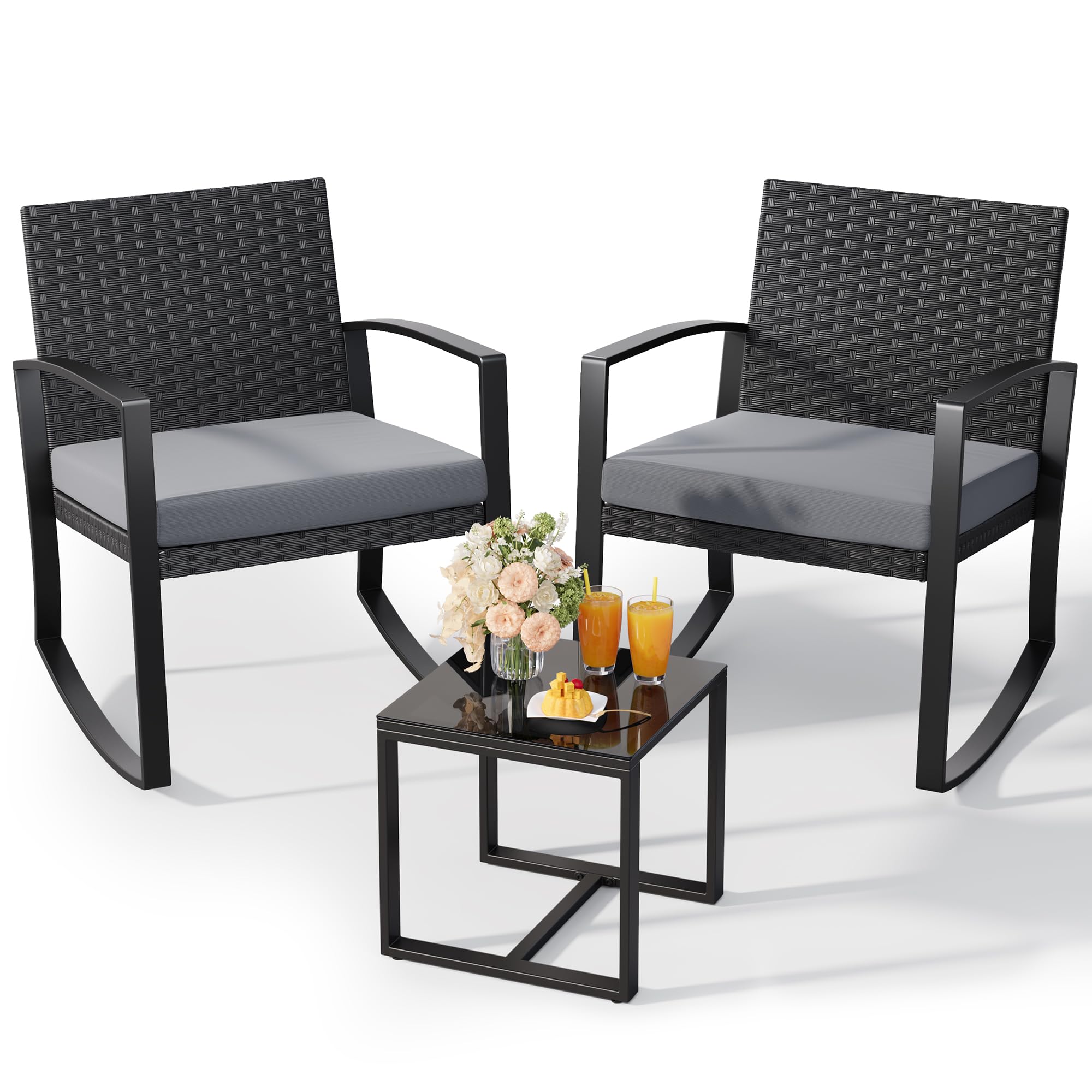 3 Pieces Outdoor Patio Furniture Set Rocking Bistro Set Outdoor Rattan Conversation with Coffee Table for Garden Balcony Backyard Poolside (Grey Cushion)