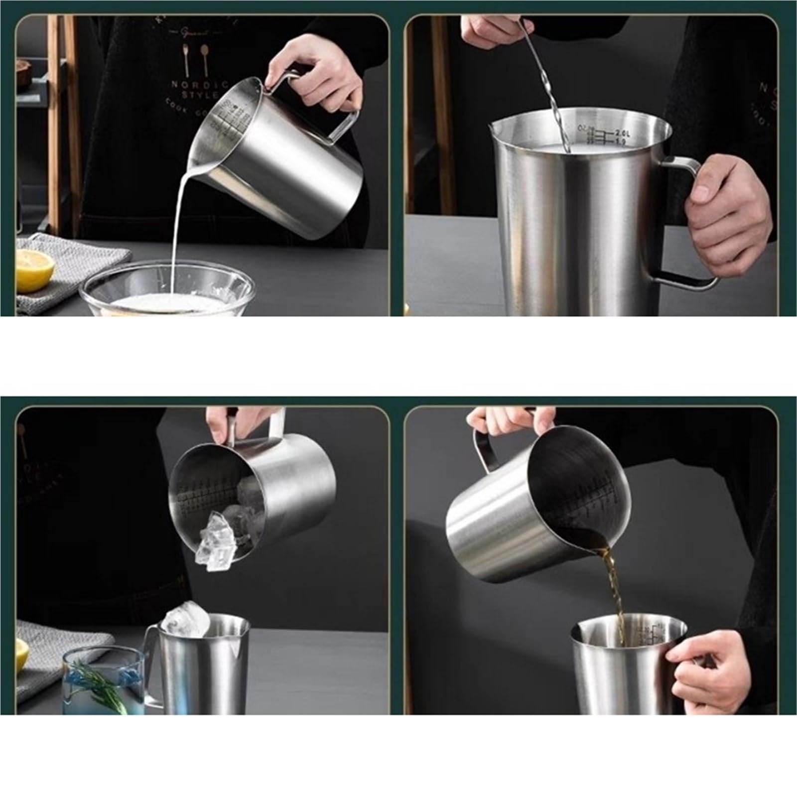 Taza medidora de acero inoxidable gruesa con tirador escala, taza flores, jarra té, práctica cocina gran capacidad, 2 uds Para Espumar(1000ML With Lid)
