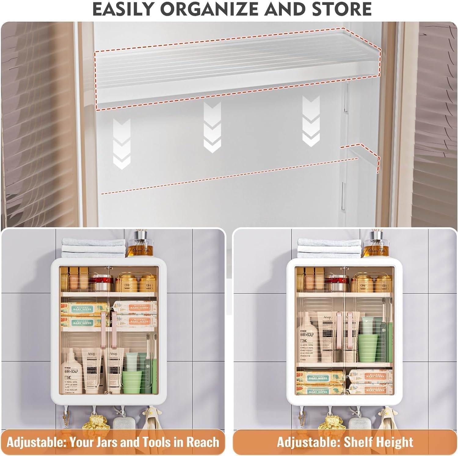 CEPHEUS ENTERPRISE Wall-Mounted Multipurpose Storage Cabinet with Doors & Shelves, Self-Adhesive Bathroom and Kitchen Organizer for Toiletries, Spices, Cleaning Supplies & Daily Essentials
