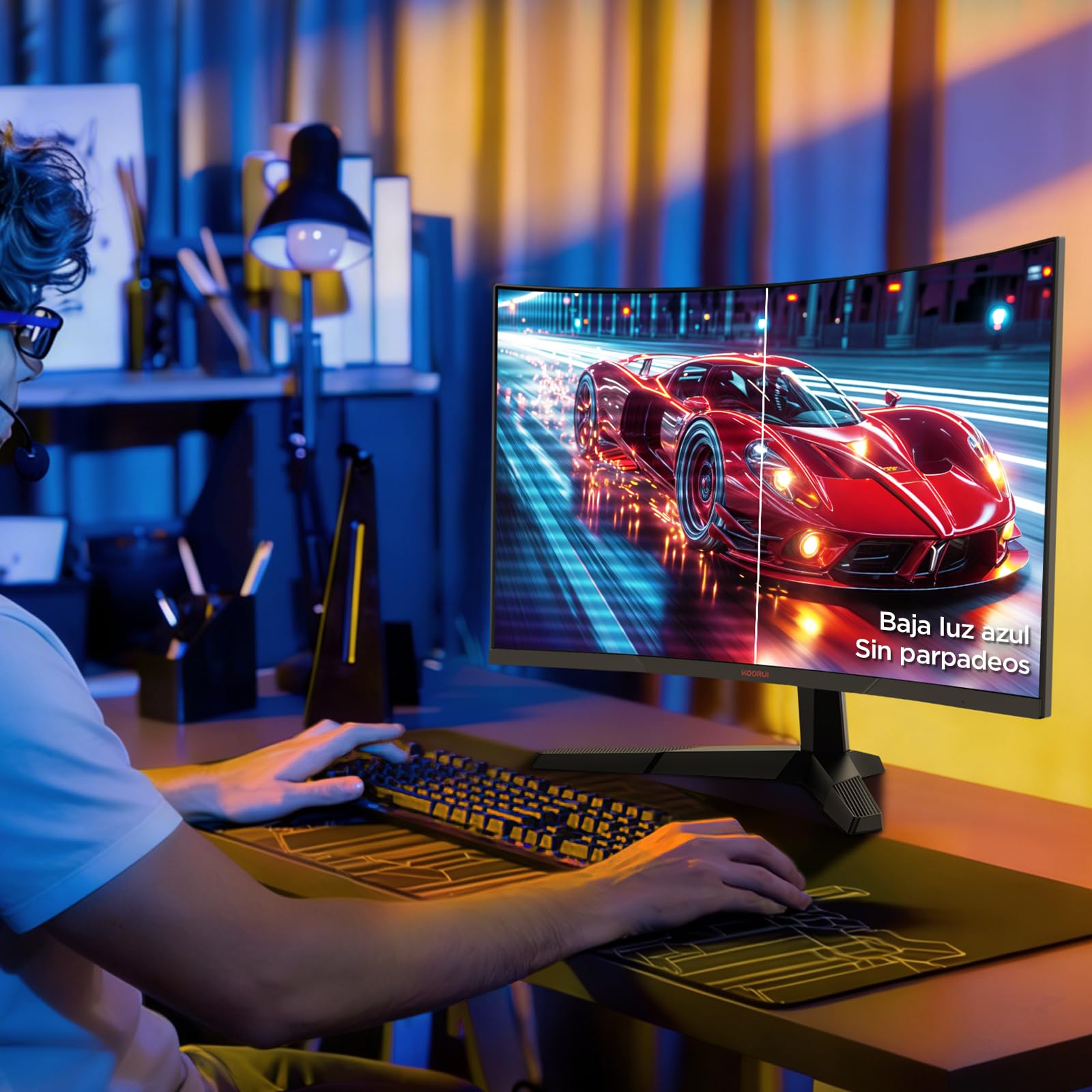 KOORUI Monitor Gaming 27 Pulgadas Curvo 180HZ QHD 1ms Adaptive Sync HDMI/DP | DCI-P3 90%, HDR10, Inclinación Ajustable, Eye Care, QHD 2560x1440, VESA 100x100mm, 1500R