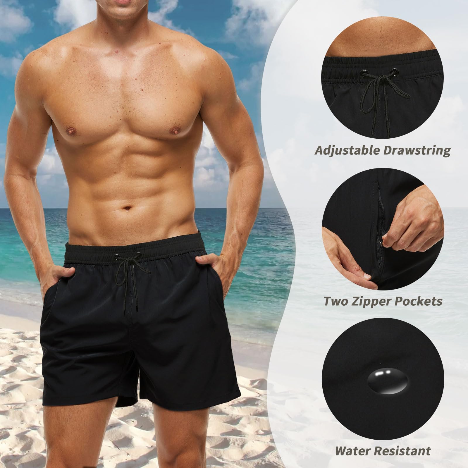 Costume Uomo Mare Asciugatura Rapida Costumi da Bagno Uomo Pantaloncini Mare con Tasche Zip Boxer Spiaggia Piscina Surf Fodera in Rete e Coulisse Regolabile