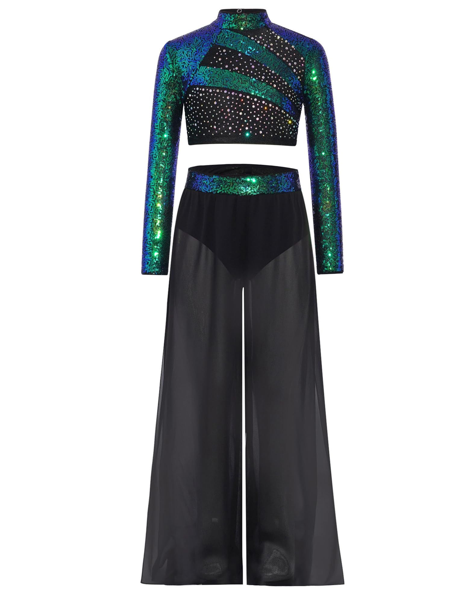 JEATHA Bambini Conjunto Danza Lirica Schiena Tagliata Gambe Larghe Ginnastica Danza Jazz Maglietta Scintillante Lirica Pantaloni Seta