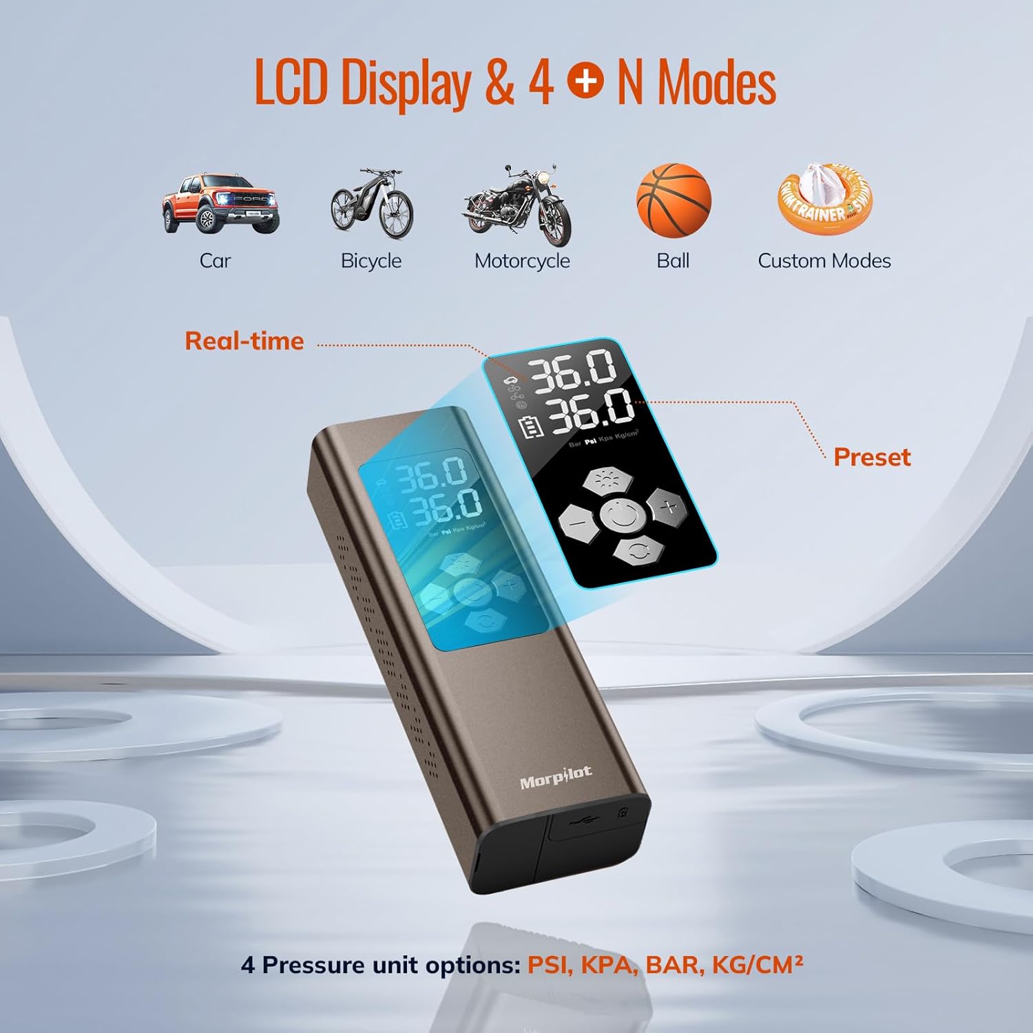 Morpilot Tire Inflator LCD display and smart modes