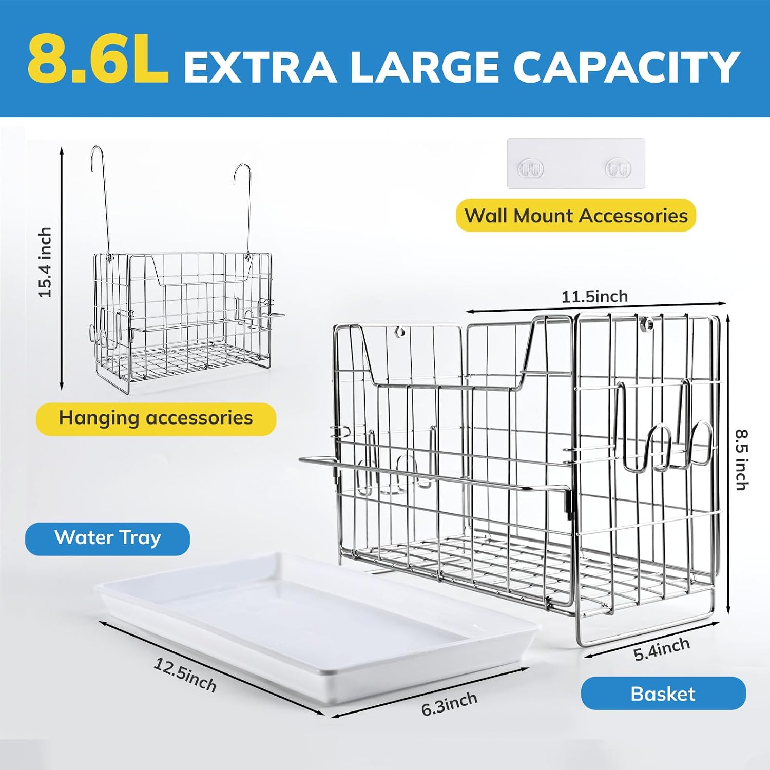 Umimile 304 Stainless Steel Bath Toy Holder - 8.6L Rustproof Baby Bathtub Toy Storage with Quick-Dry Drain Holes, Mold Resistant Design for Toys/Shampoo, 3-Way Mount (Wall, Hanging, Stand)