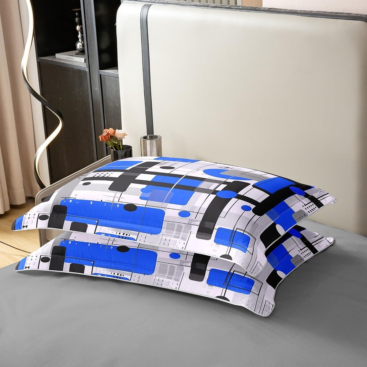 3 Pieces Geometric Duvet Cover 100% Nature Cotton Queen,Watercolor 3D Geometric Graffiti Modern Style Comforter Cover,Blue Blacke Grey Lines Fashion Super Soft Bedding (Not Comforter)