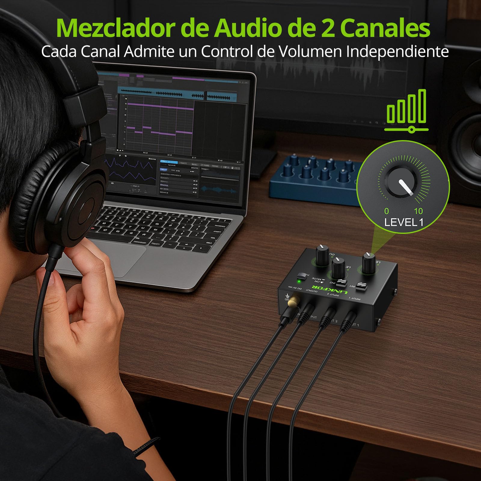 LiNKFOR Mini Mezclador de Audio 3.5mm de 2 Canales,Mezclador Activo con con Control de Volumen para PC/Altavoz/Amplificador/Teclado Electrónico