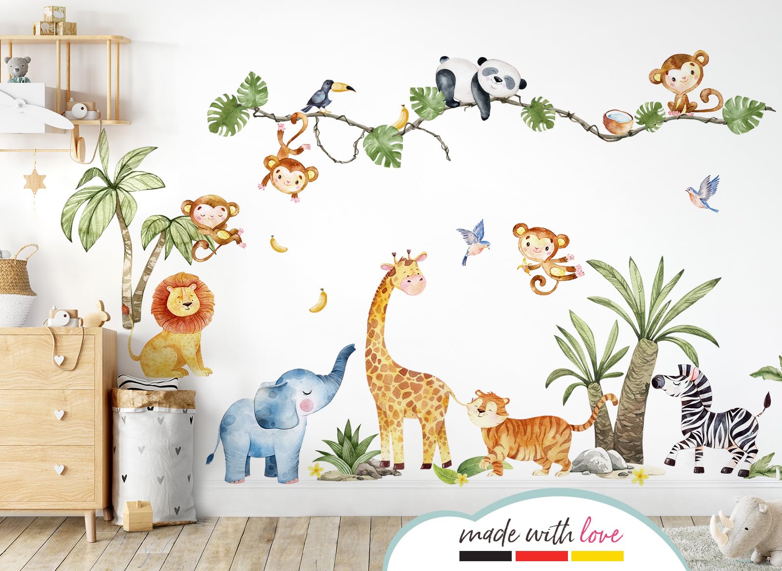 Little Deco XXL Wandsticker Safari Tiere Set Wandtattoo für Kinderzimmer Wandaufkleber Dschungeltiere Baum Babyzimmer Wandbild XXL - 263 x 136 cm (BxH) DL800