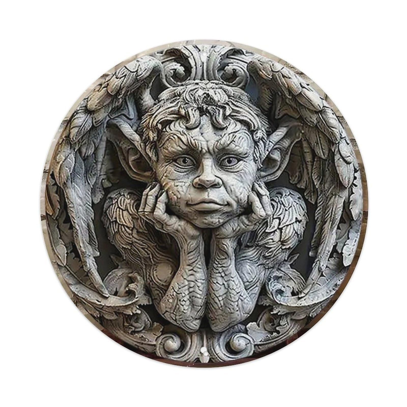 Fantasy Creature With Wings And Horns Round Metal Tin Sign Vintage Wall Decor, Bar Garage Cafe Kitchen Home Wall Art Poster 8x8inches