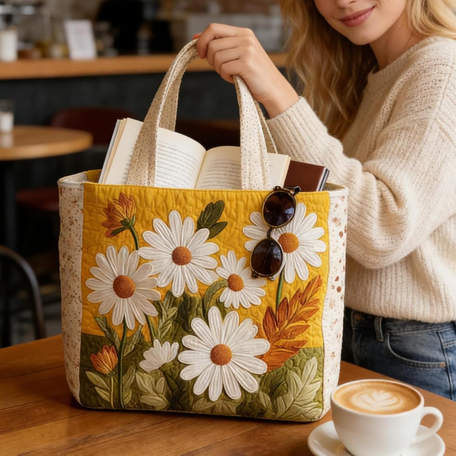 Generisch Borsa shopper da donna – Borsa in tela da donna, borsa da trasporto e borsa in tessuto, spaziosa e casual, con ricamo, manico trapuntato e imbottito, patchwork, riutilizzabile