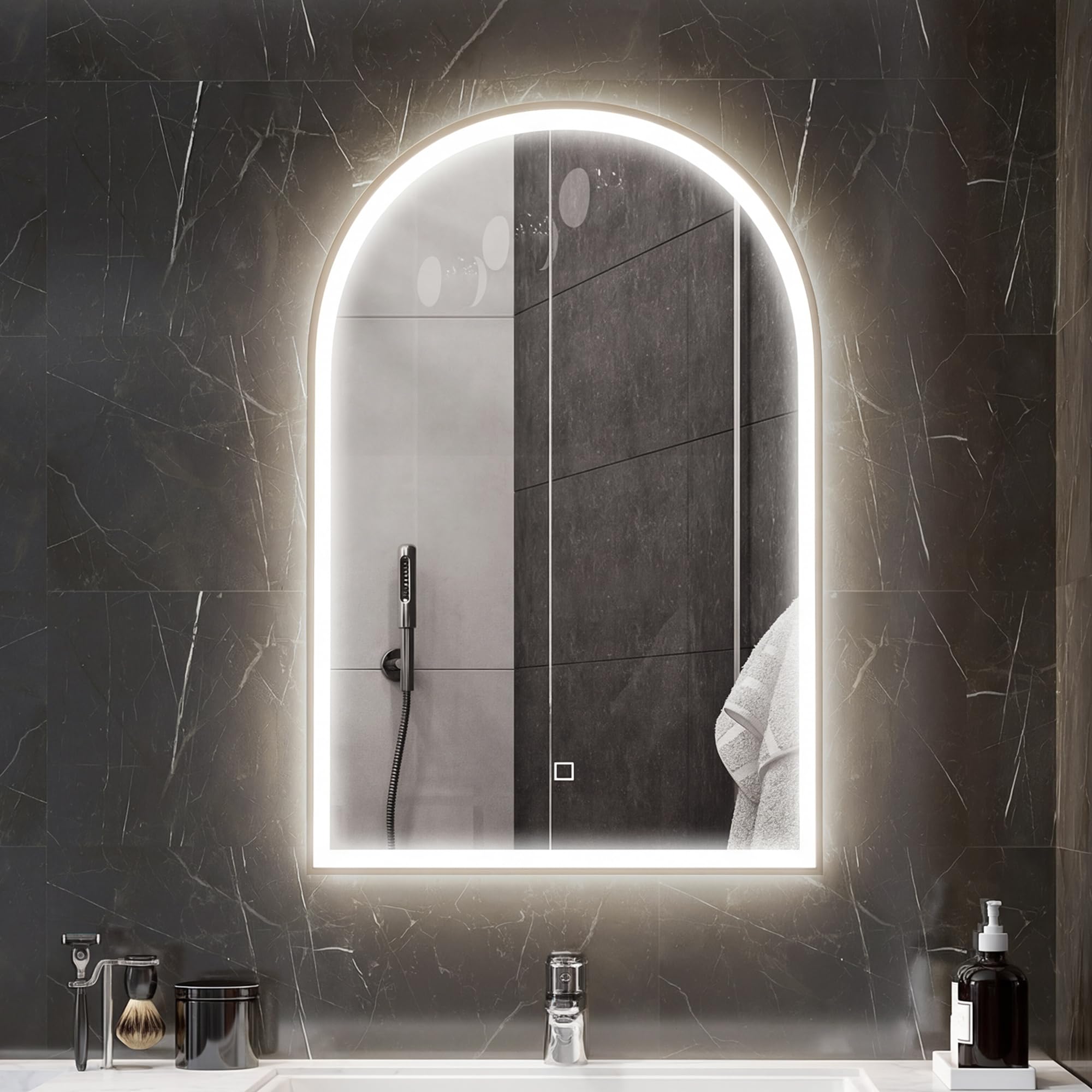 HOMCOM Miroir Salle de Bain avec éclairage LED 90 x 60 cm, Miroir Mural arqué, lumière réglable 3 Couleurs, Anti-​buée, mémoire, Interrupteur Tactile, Miroir Salle de Bain, Cadre en Aluminium, doré