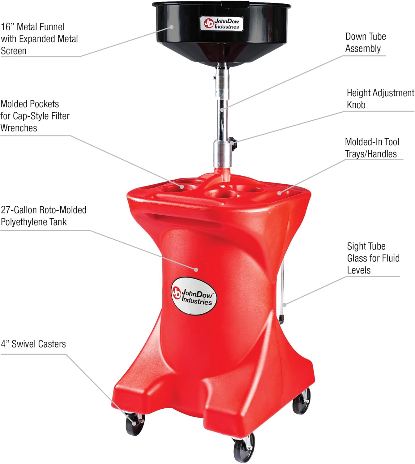 JohnDow Industries JDI-27GFD 27 Gallon Pump Assist Portable Oil Drain, 16 inch Diameter Centered Funnel, Adjustable Funnel Height of 45 in. to 70 in. With Molded in Tool Tray for Oil Filters and Tools