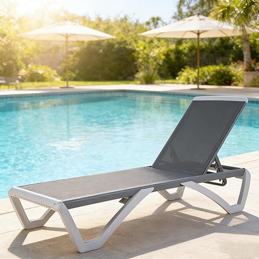 Kozyard Alan Full Flat Alumium and Polypropylene Resin Legs Patio Reclinging Adustable Chaise Lounge with Sunbathing Textilence, 5 Adjustable Position (Gray Textilene Without Table)