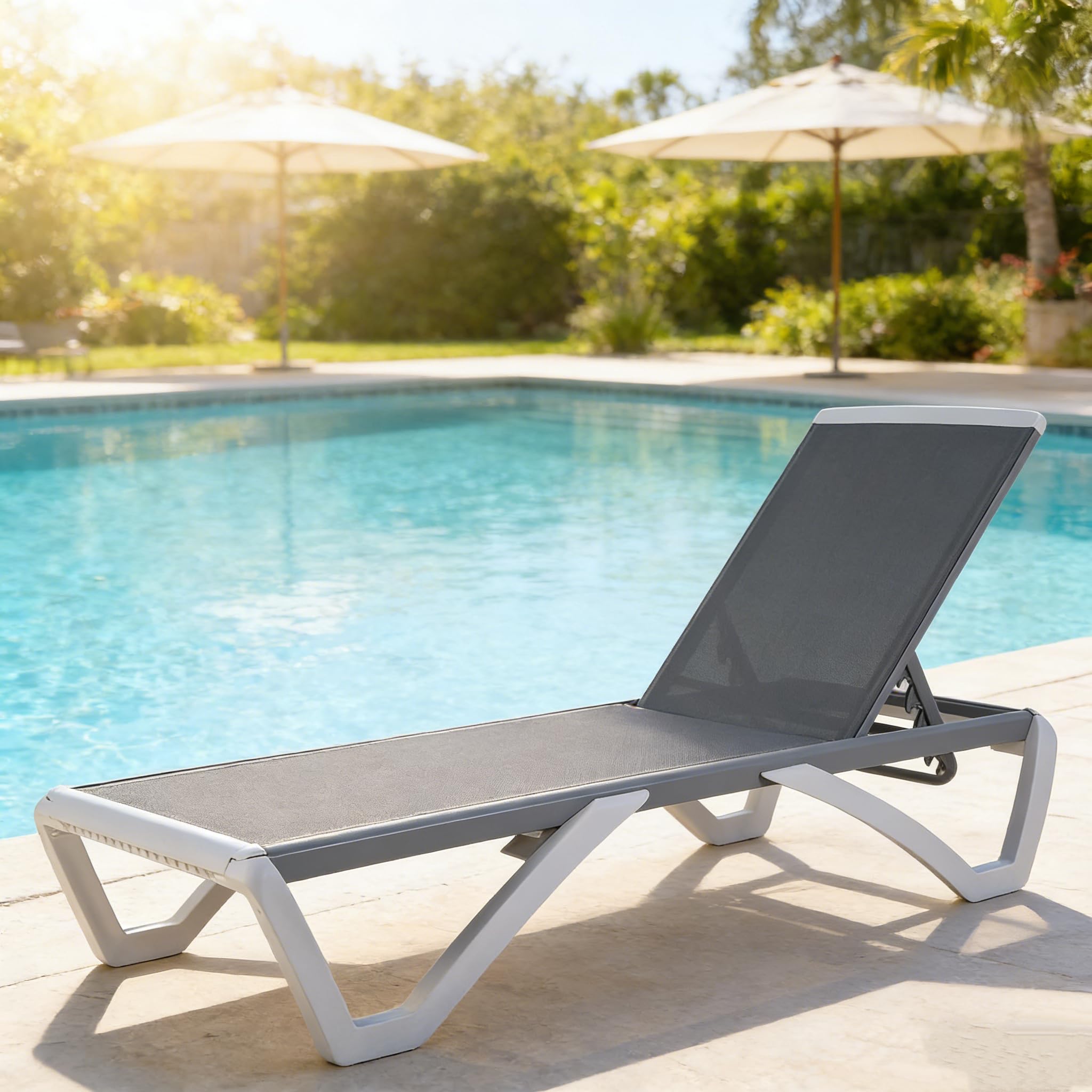 Kozyard Outdoor Chaise Lounge Chair, Full Flat Adjustable Patio Lounger with Aluminum Frame & Resin Legs, Textilene Fabric for Poolside, Backyard &