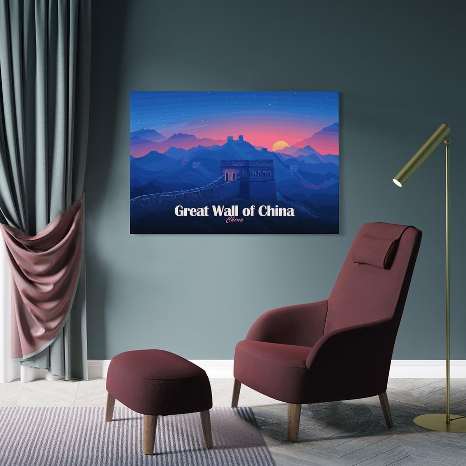 Junmoney Frame-Style-24-1 Great Wall Of China At Sunset Wall Art Print, 20X30inch(50X75cm), For Living Room, Bedroom, Office Or Hallway, A Flexible Wall Accent For Shared Spaces