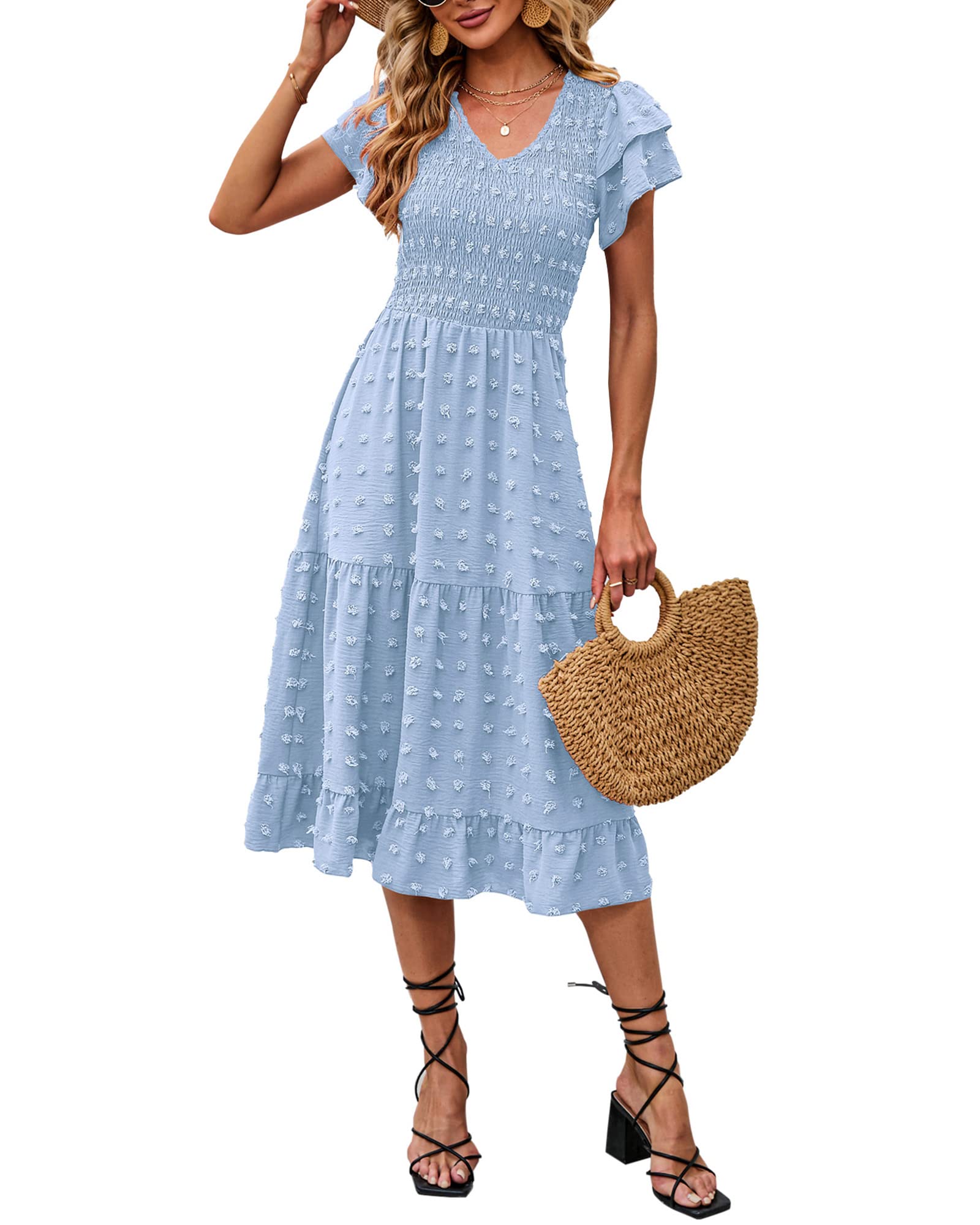 Photo 1 of BTFBM Women Casual Summer Short Ruffles Tiered Sleeve Smocked Midi Dresses Bohemian Floral V Neck Wedding Guest Long Dresses?Solid Sky Blue,Medium