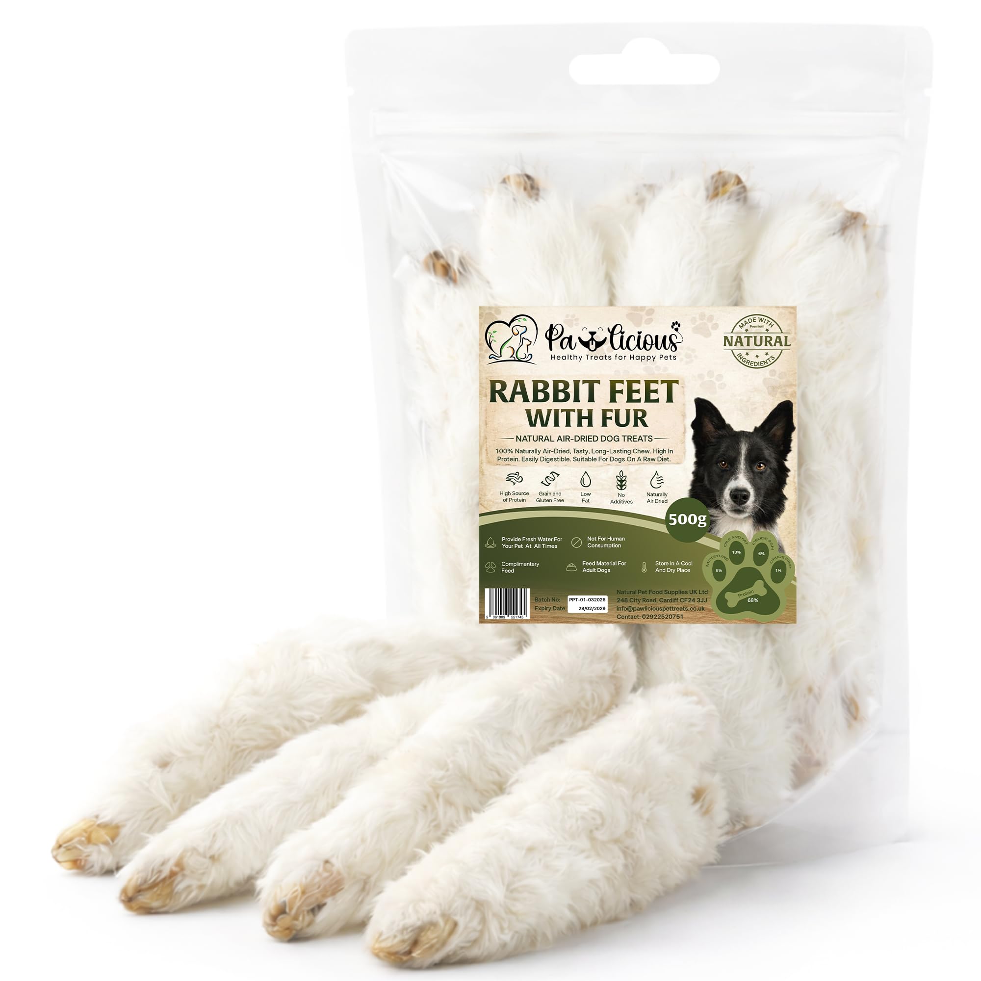 PAWLICIOUS 500g Rabbit Feet with Fur for Dog, 100% Natural Air-Dried Treat Chew for Dog, Grain & Gluten Free Pet Treats for Puppy, Adult & Seniors, Healthy & Hypoallergenic Dogs Snacks Food 0.5 Kg