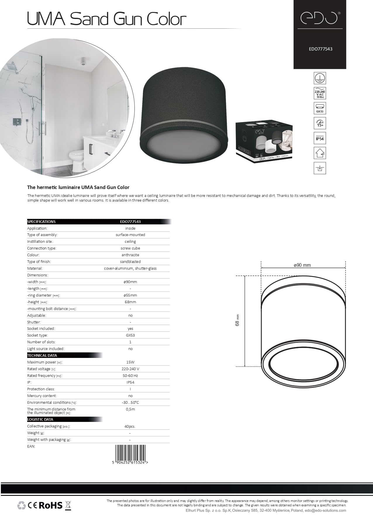 EDO Foco de Techo Superficie IP54 Exterior/Interior UMA Antracita Impermeable 230V - Ø90*60mm Moderna Lámpara de Techo Redonda de Aluminio Baño, Cocina Iluminación, Sin Fuente de Luz GX53