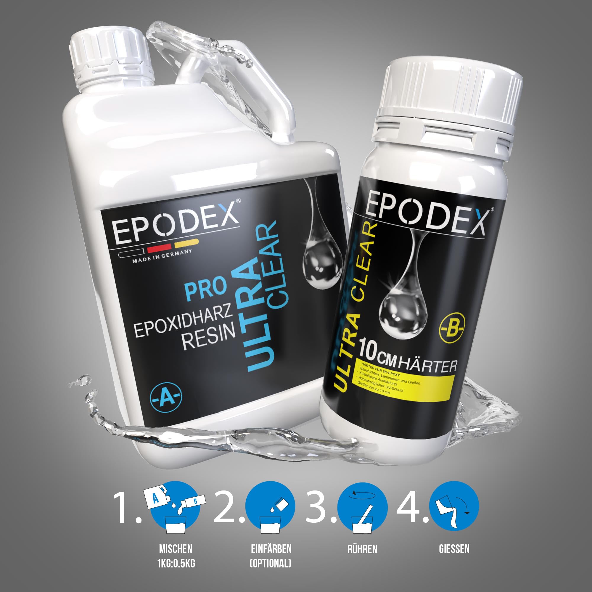 EPODEX Epoxidharz Set PRO MAX, bis 10cm, CLEAR - Transparent, 1,5kg | Kristallklares Epoxy Resin Set, Harz Gießen Set River-Tische, Lampen, Projekte mit hohen Form- und Gussteilen