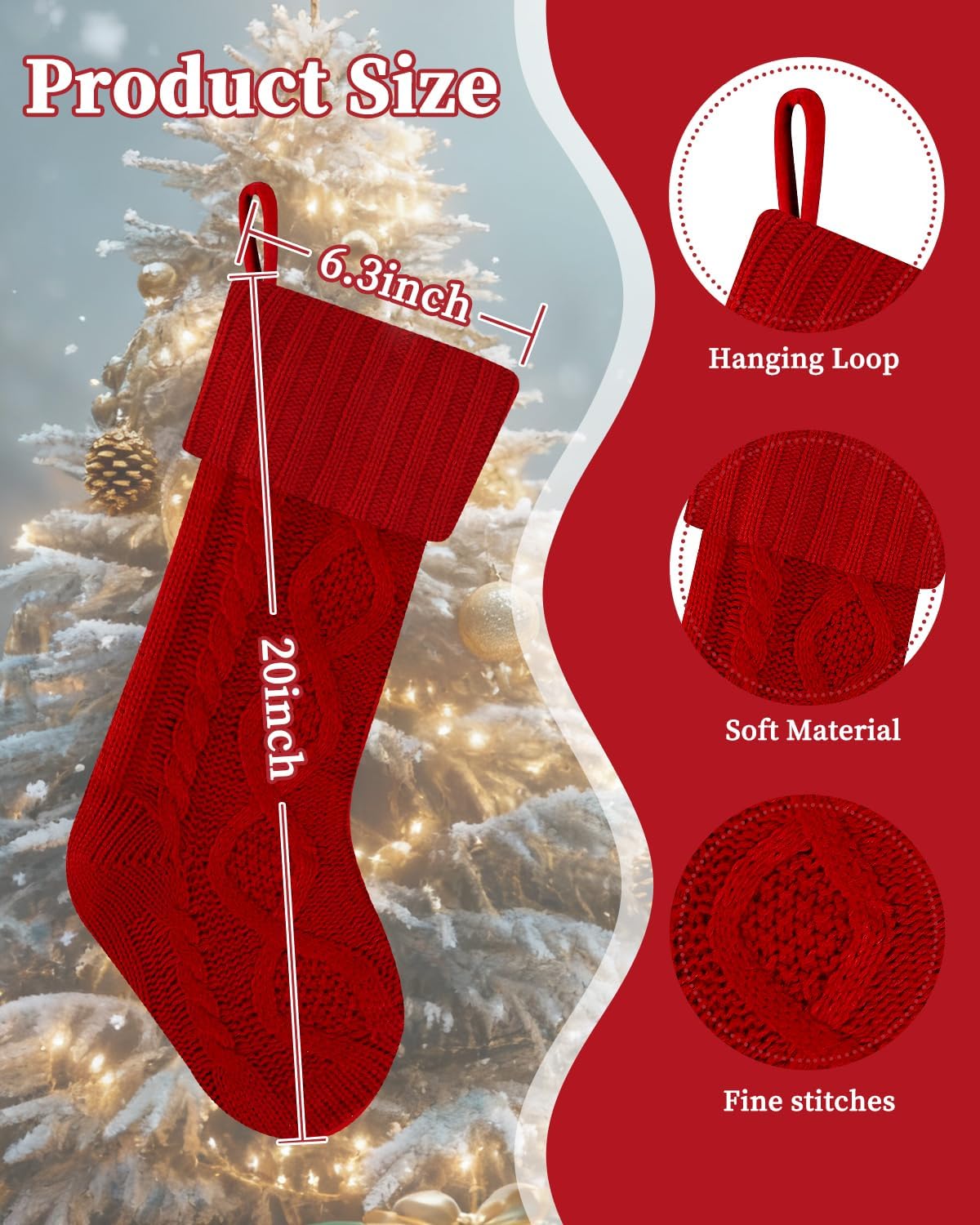 Christmas Stockings Set of 6, 20 Inch Large Cable Knitted Stocking, Personalized Hanging Monogram Christmas Stockings Gifts for Kids,XmasTree,Family Party Decoration,Burgundy, Lvory, Green