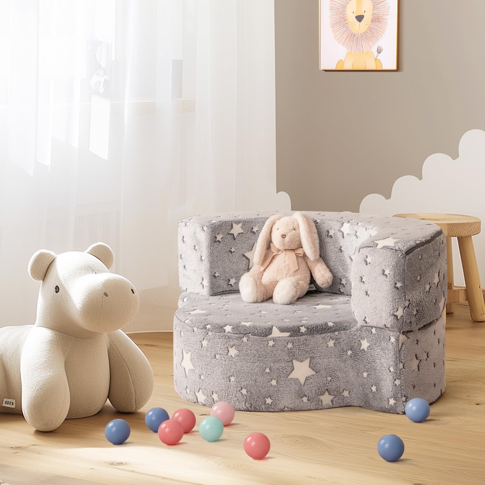 COSTWAY Canapé Convertible Enfant Lumineux avec Motif Étoile, Fauteuil Enfant Convertible en Tissu Flanelle avec Housse Lavable, Canapé Modulaire Phosphorescent pour Garçon et Fille de 3 Ans+