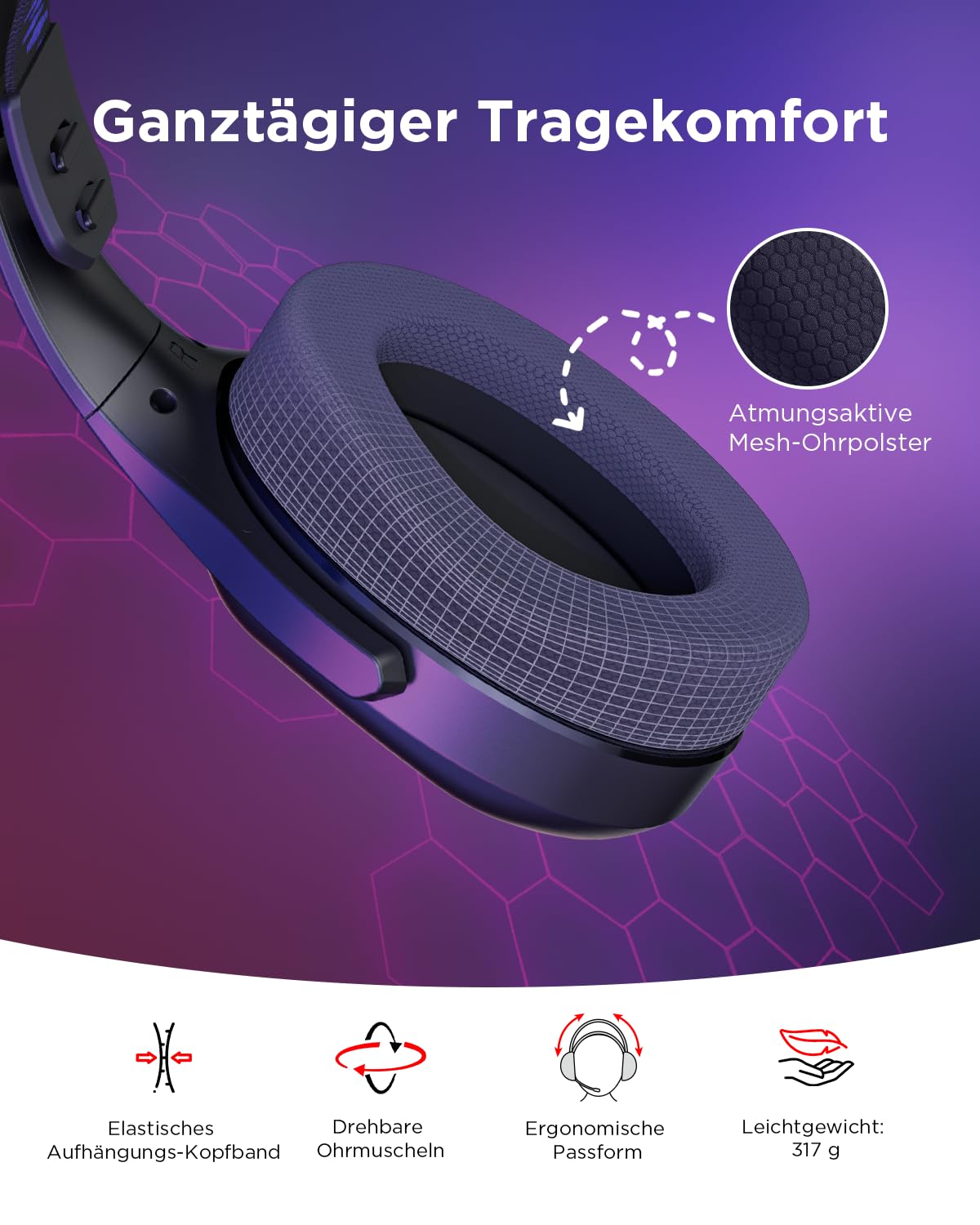 Lenovo Legion H410 Wireless Gaming Headset | Gaming Kopfhörer | schwarz-dunkelviolett
