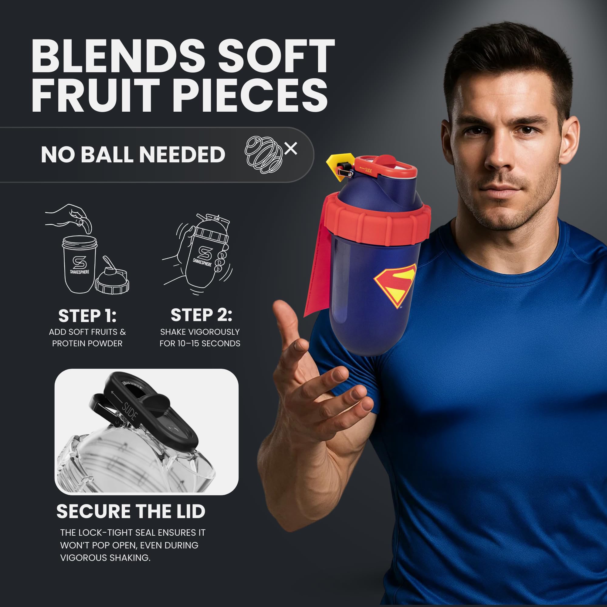 SHAKESPHERE Superman Tritan-Shaker, limitierte Auflage, 700 ml, Stahlschiebekappe | BPA-frei, auslaufsicher, Kapsel-Design, kein Mixball, Superman-Sammelbox, Fan Geschenkidee, Protein-Shakes & Pre-Workout
