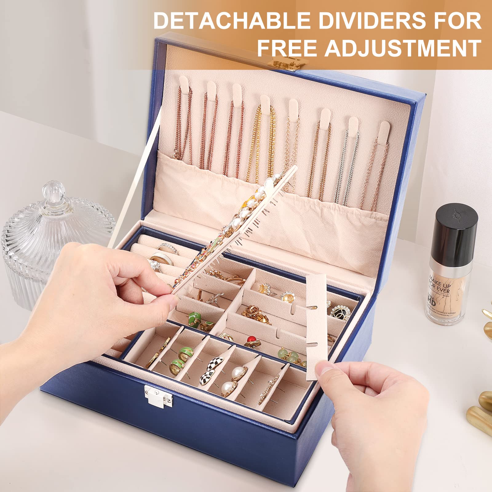Schmuck-Organizer-Box aus PU-Leder für Mädchen und Damen, Ohrring-Organizer-Boxen, 2-lagig, große Schmuckaufbewahrung, abnehmbares Tablett für Halsketten, Ohrringe, Ringe, mit Poliertuch und