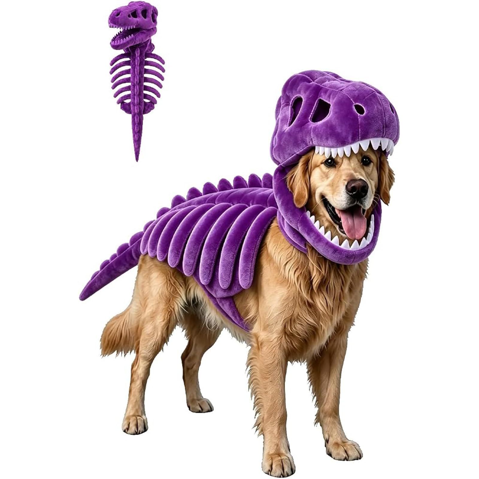 Pet Dinosaur Costume, 3D Soft Plush T-Rex Skeleton Halloween Costume for Dogs, Cosplay Clothes for Medium & Large Dog, Plush Halloween Pet Hood Outfit Glow in Dark，purple：90CM