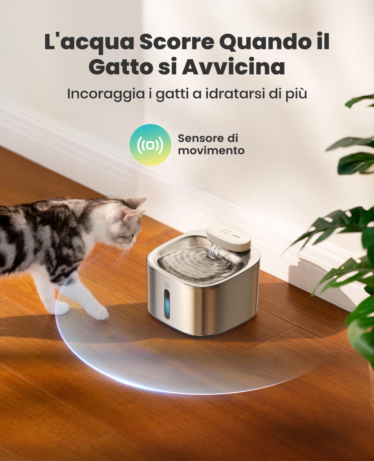 oneisall Fontana per gatti senza fili, Fontana per gatti da 3,5L in acciaio inox, batteria da 5000 mAh, fontanella per gatti con rilevatore di movimento, pompa dell'acqua silenziosa, 3 filtri