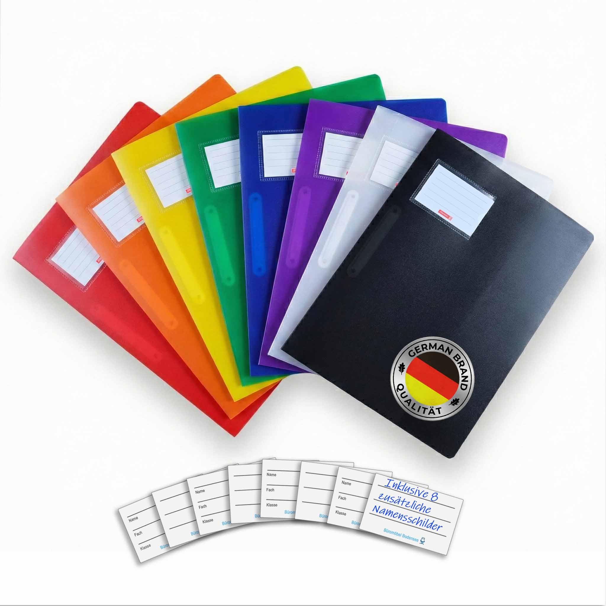 Brunnen | stabile Plastik Schnellhefter FACT!pp 8er Set für Format A4, mit Einstecktasche, rot, blau, grün, gelb, orange, lila, schwarz und weiß/transparent | Inklusive 8 zusätzliche Namensschilder