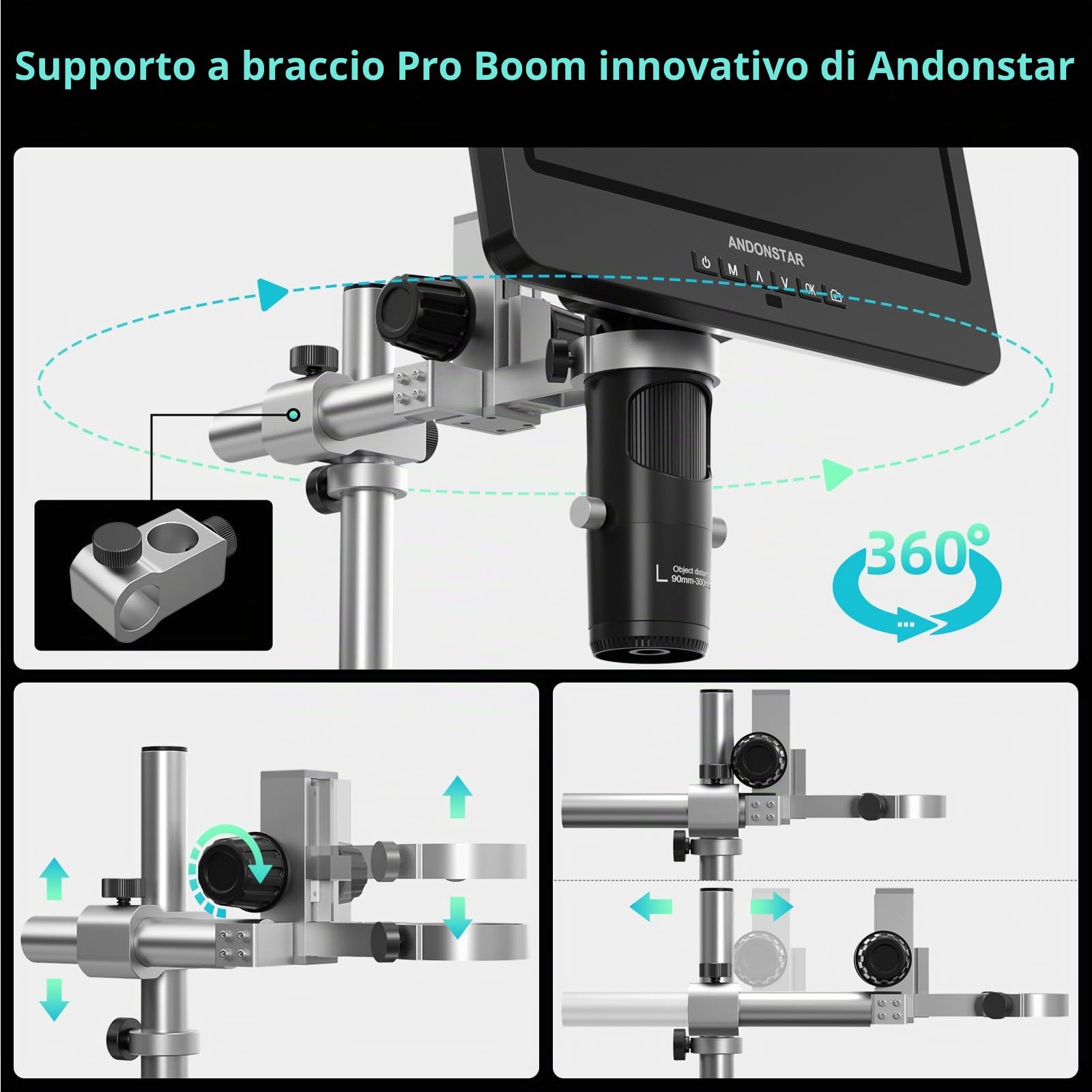 Andonstar AD249S-M Plus 10.1'' HDMI Saldatura Microscopio Digitale per la Riparazione Elettronica, 2000x 3 Obiettivo 2160P UHD Video Record, Saldatura Stazione Microscopio con Mani Aiutanti