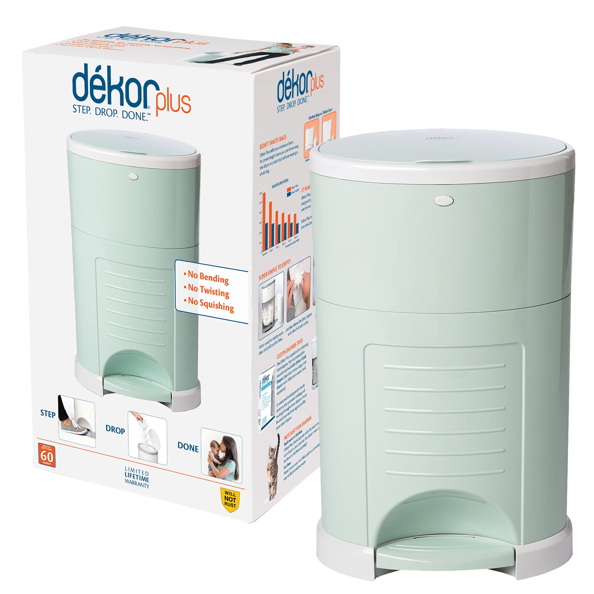 Dekor plus hands-free diaper pail | soft mint | easiest to use | just step drop done | doesnt absorb odors | 20 second bag change | most economical refill system |great for cloth diapers
